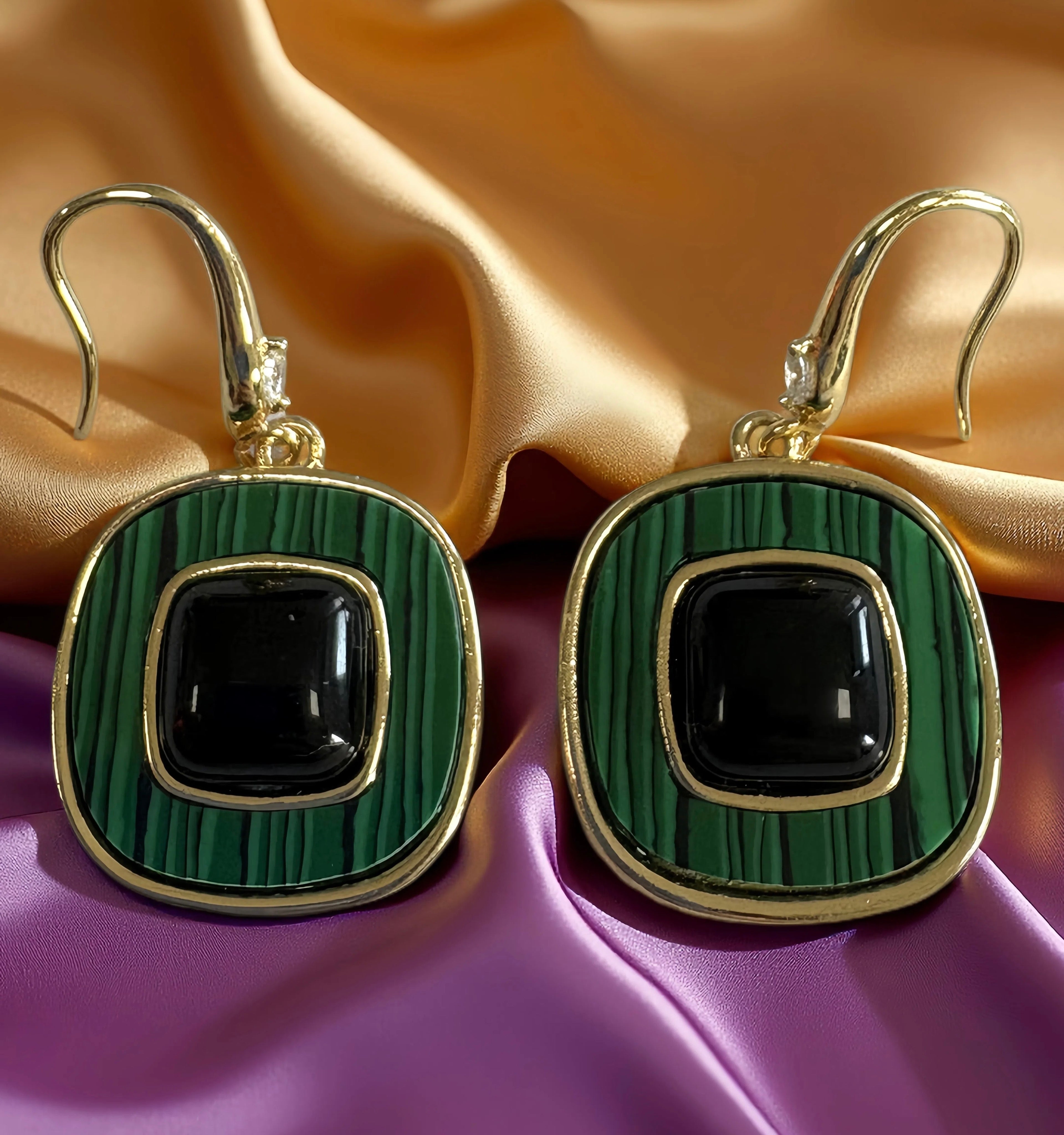 French Vintage Luxury · Agate Geometric Design · 24K Gold Gemstone Ear Hook Earrings - 我的商店