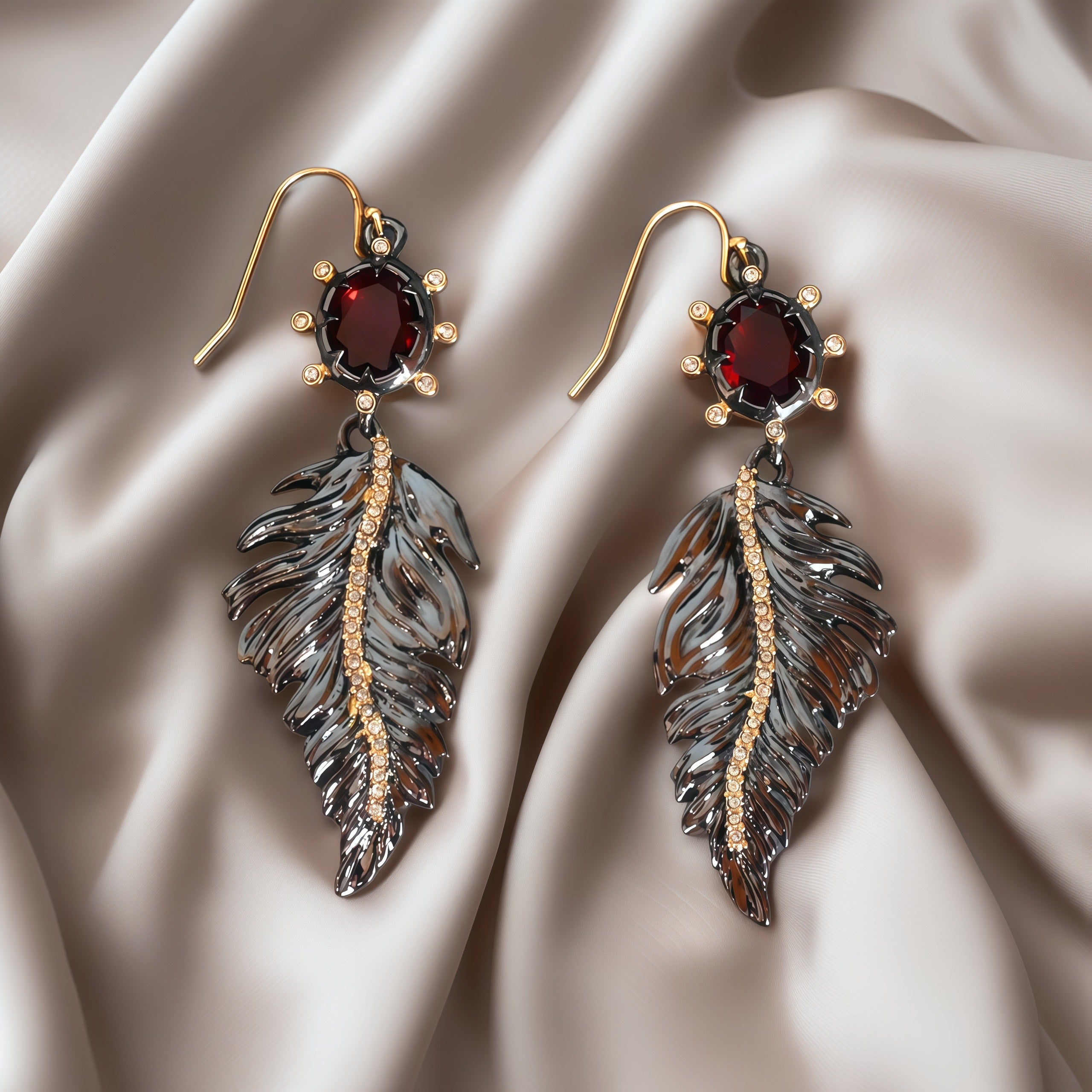 French Vintage Luxury · Alloy Feather Design · Gold-Plated Ruby Rhinestone Earrings - 我的商店