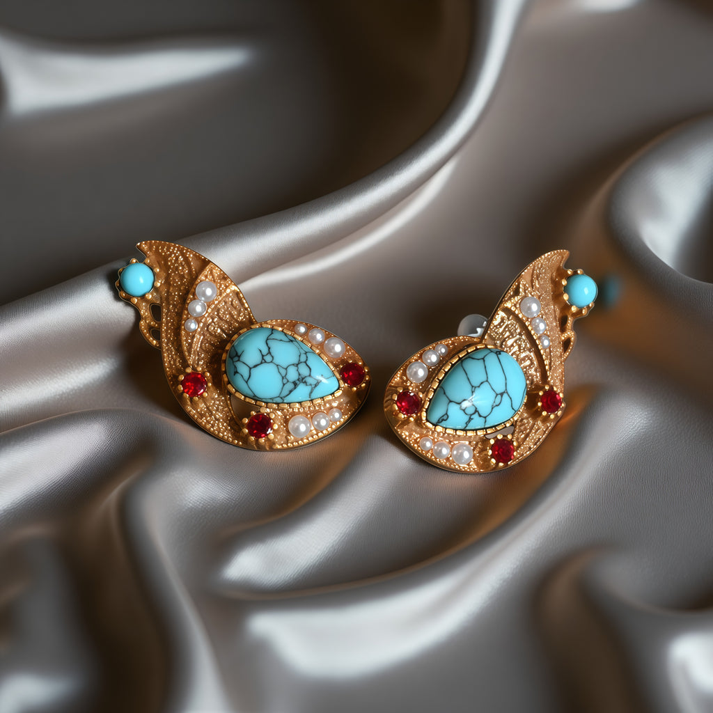 European Vintage · Bohemian Style · Copper-Plated · Pearl & Blue Turquoise Stud Earrings - 我的商店