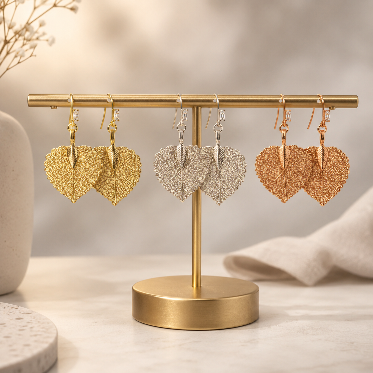 Handmade Leaf Dangle Earrings, Real Leaf Texture, Manual Cutting, Electronic Plating, Niche Style