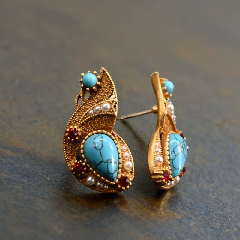 European Vintage · Bohemian Style · Copper-Plated · Pearl & Blue Turquoise Stud Earrings - 我的商店