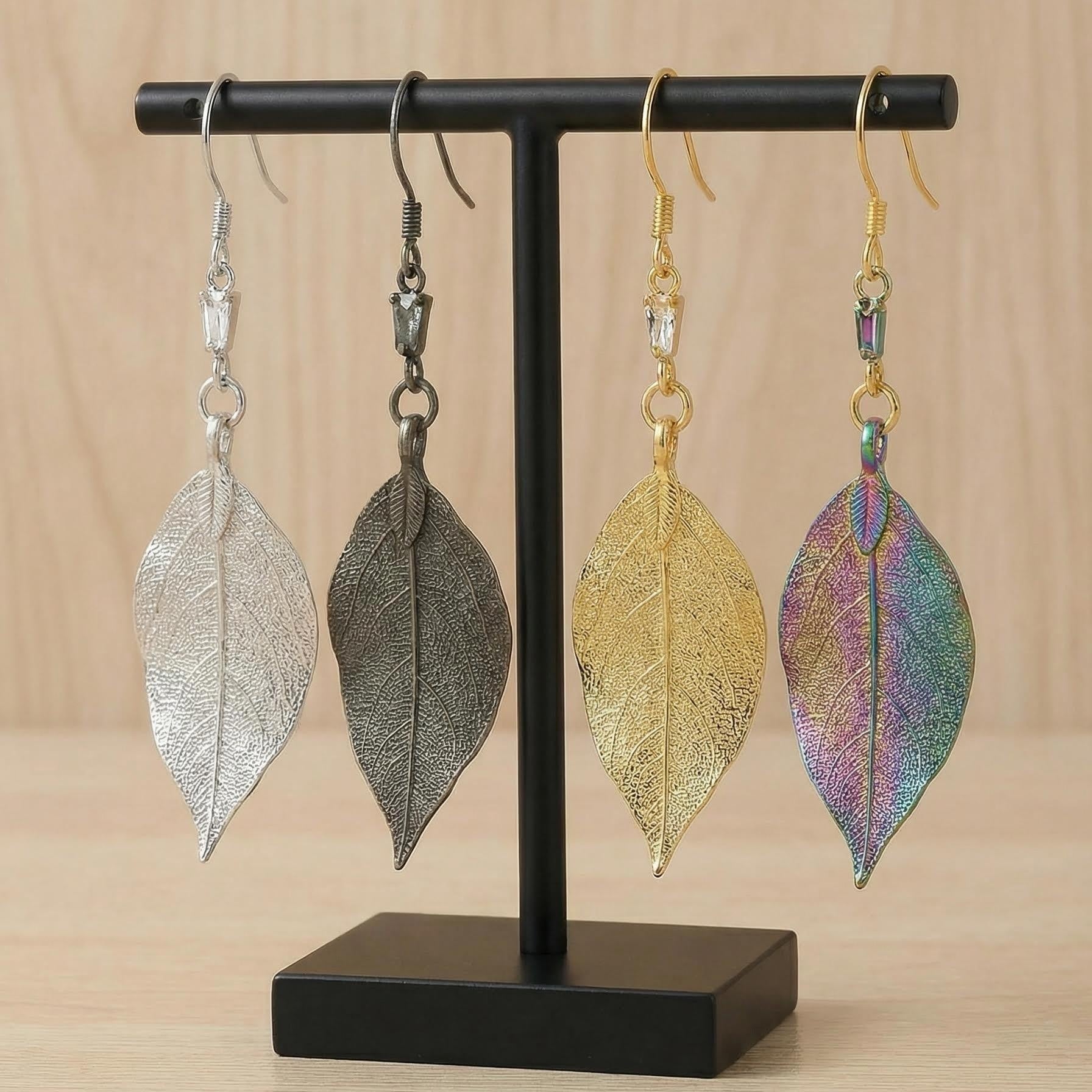 Real Leaf Earrings · Original Leaf · No Hand-Cut · Biological Plating · 24K Gold & Silver Plating · Modern Luxury - 我的商店