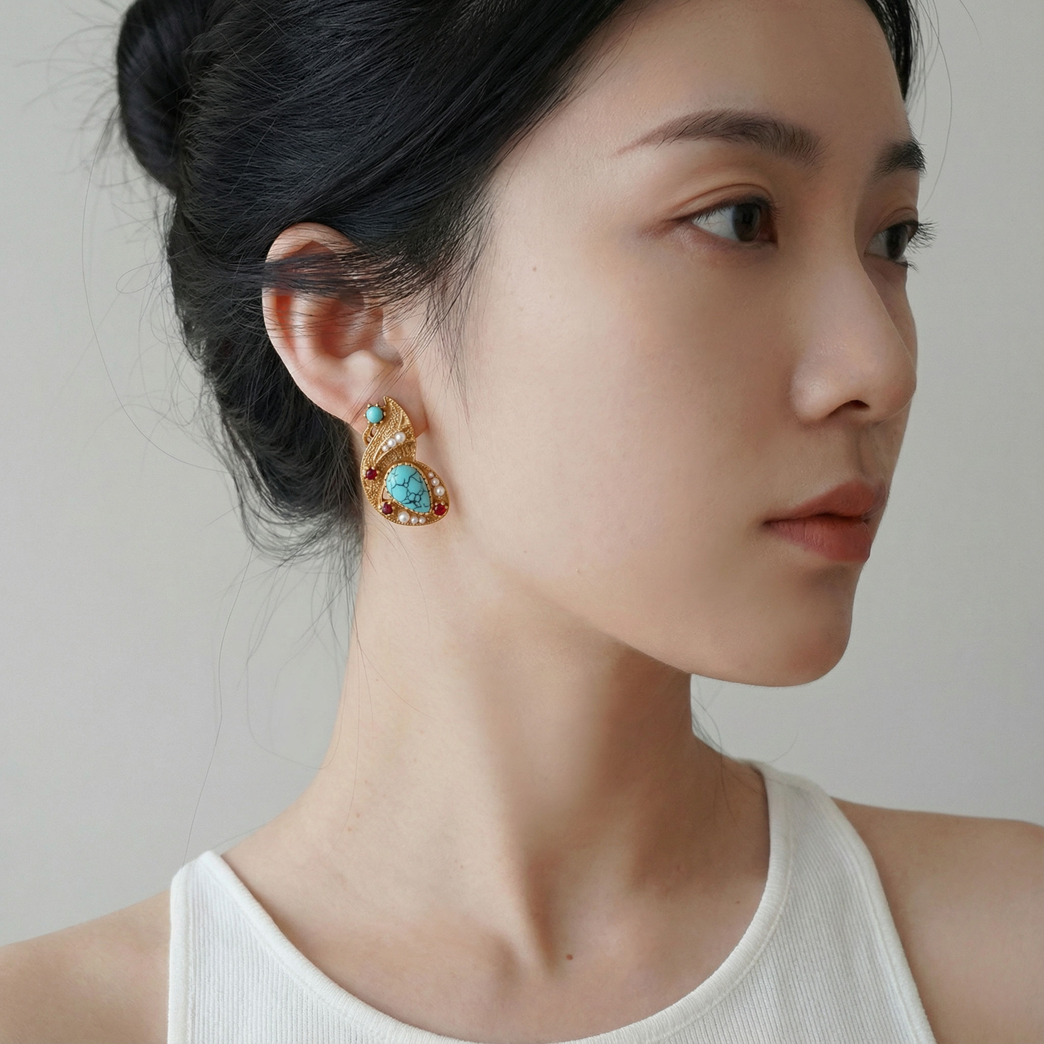 European Vintage · Bohemian Style · Copper-Plated · Pearl & Blue Turquoise Stud Earrings - 我的商店