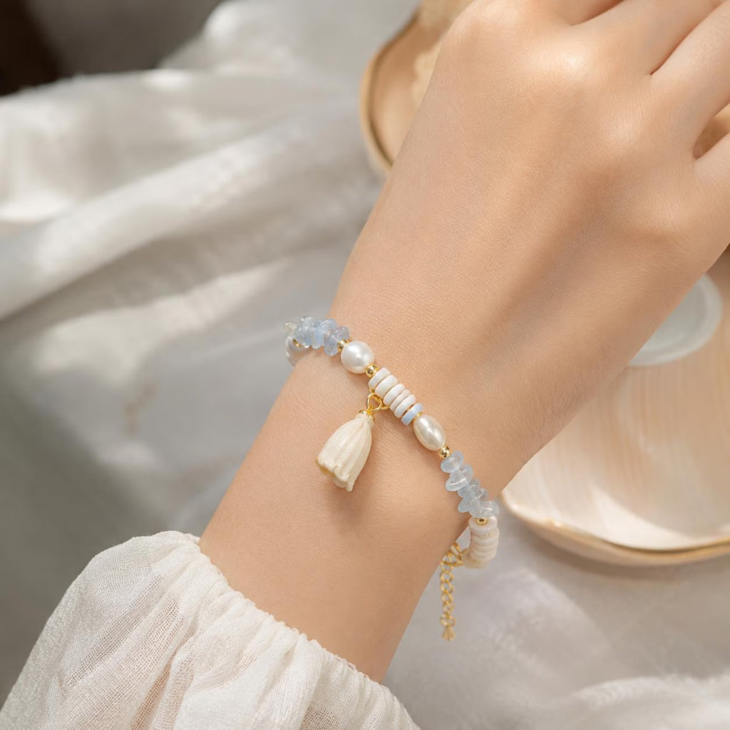 Handmade Beaded Charm Bracelet, Real Flower, Pearls and Crystals, Minimalist Jewelry
