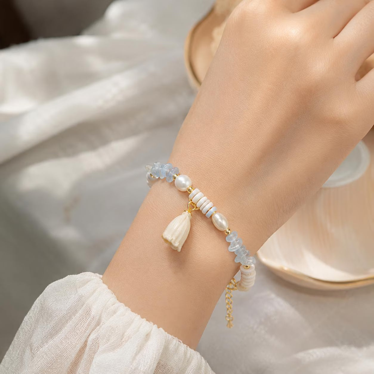 Handmade Beaded Charm Bracelet, Real Flower, Pearls and Crystals, Minimalist Jewelry