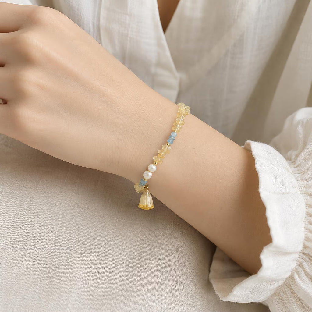 Handmade Beaded Charm Bracelet, Real Flower, Pearls and Crystals, Minimalist Jewelry