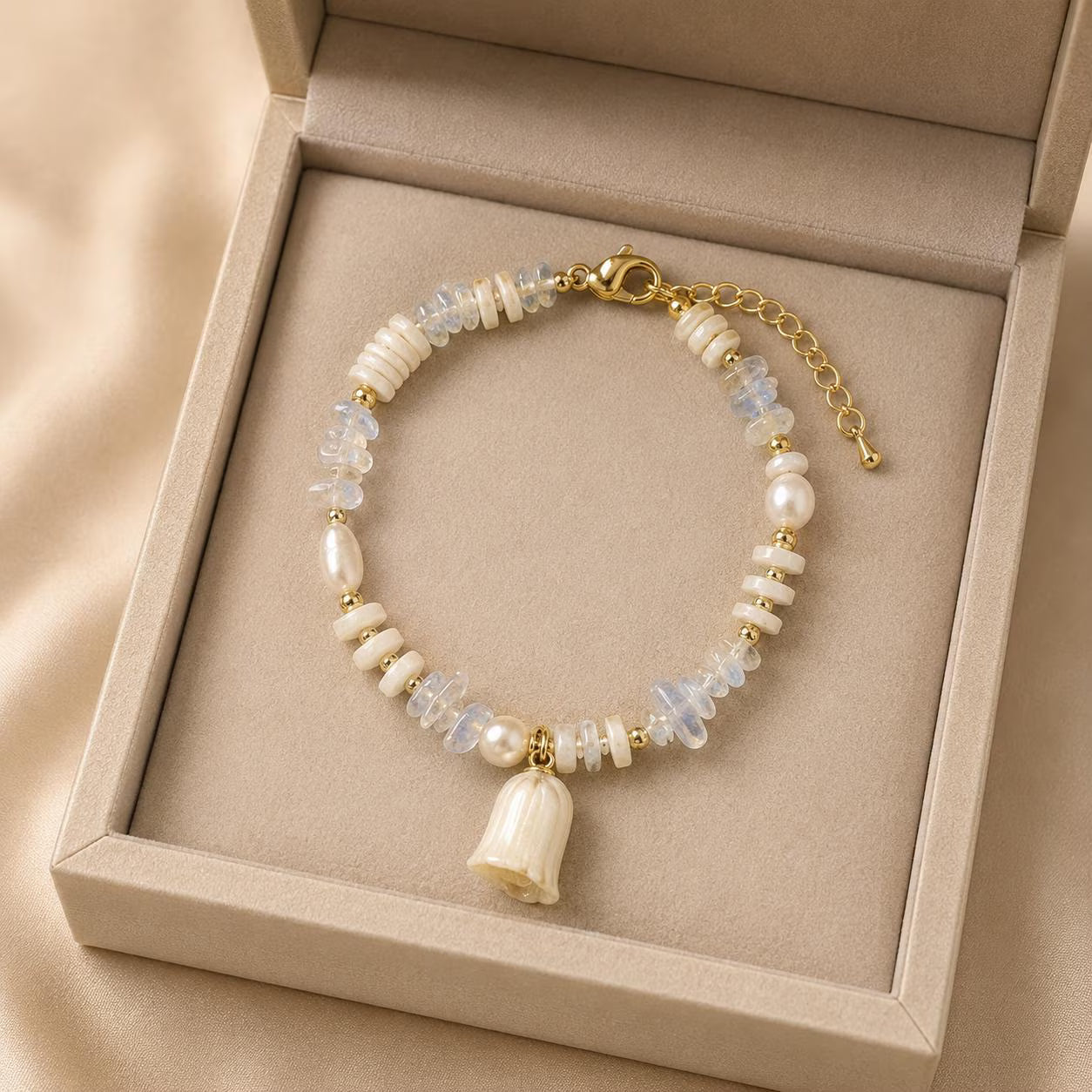 Handmade Beaded Charm Bracelet, Real Flower, Pearls and Crystals, Minimalist Jewelry