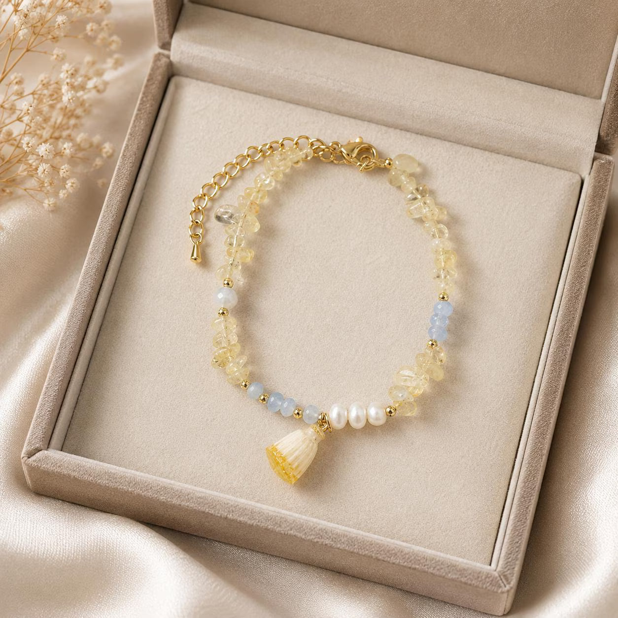 Handmade Beaded Charm Bracelet, Real Flower, Pearls and Crystals, Minimalist Jewelry