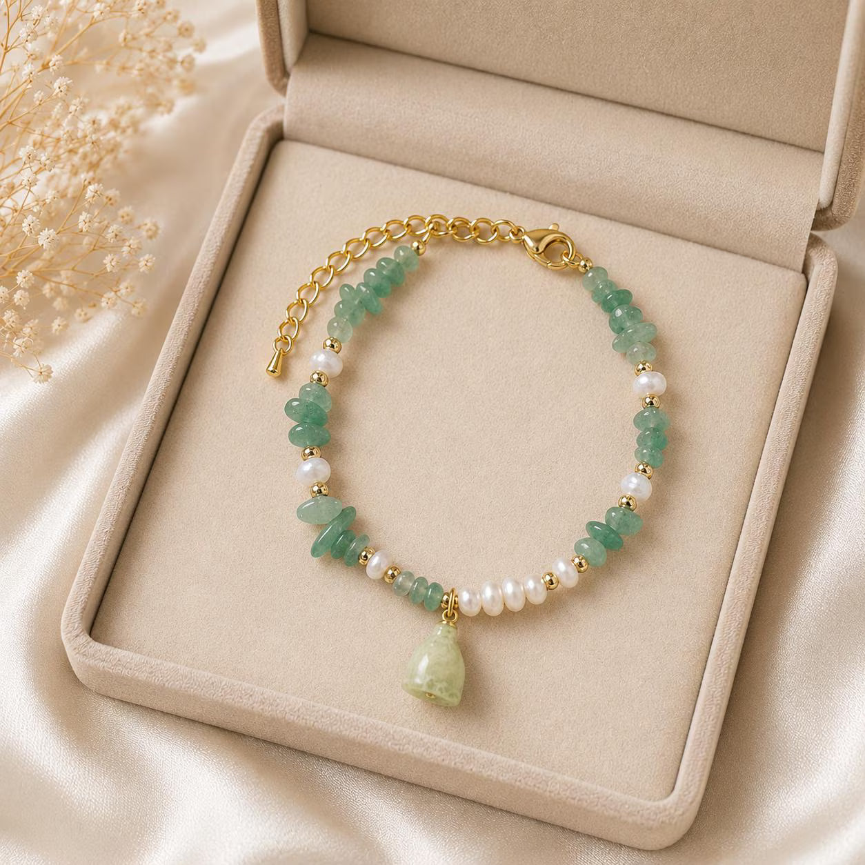 Handmade Beaded Charm Bracelet, Real Flower, Pearls and Crystals, Minimalist Jewelry