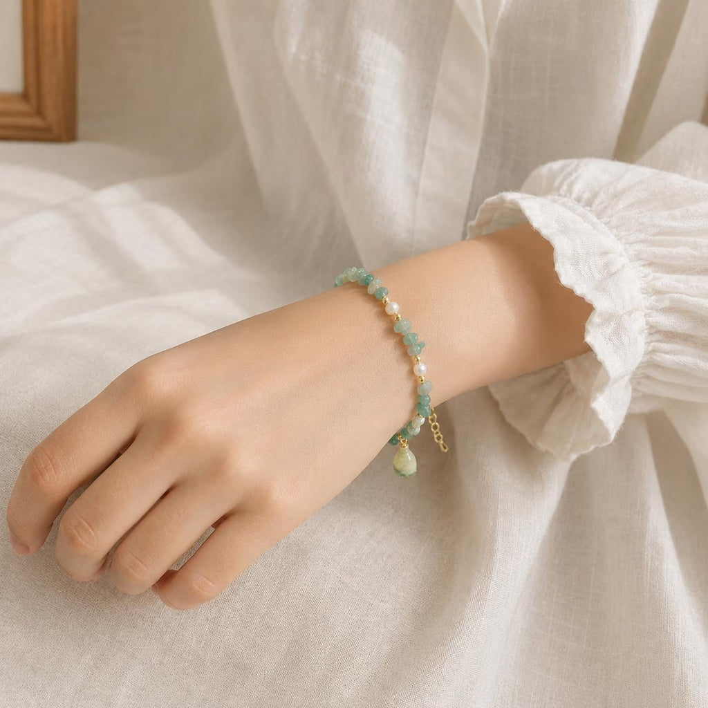 Handmade Beaded Charm Bracelet, Real Flower, Pearls and Crystals, Minimalist Jewelry