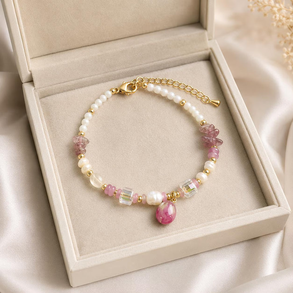 Handmade Beaded Charm Bracelet, Real Flower, Pearls and Crystals, Minimalist Jewelry