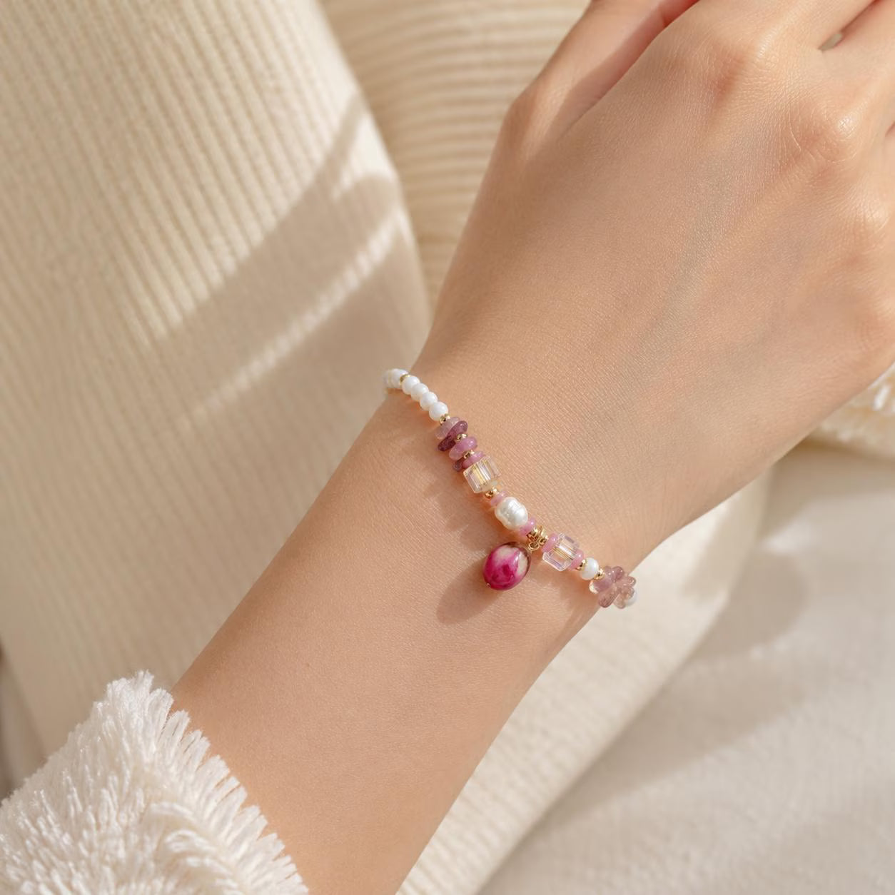 Handmade Beaded Charm Bracelet, Real Flower, Pearls and Crystals, Minimalist Jewelry