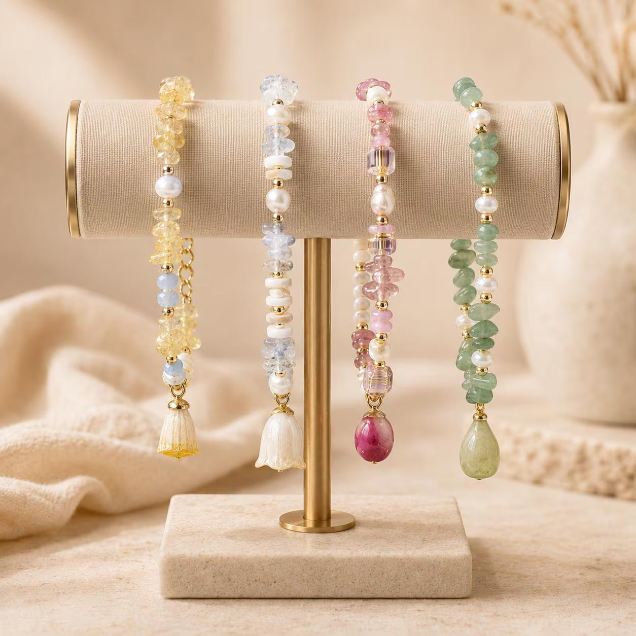 Handmade Beaded Charm Bracelet, Real Flower, Pearls and Crystals, Minimalist Jewelry
